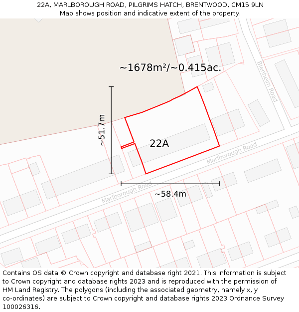 22A, MARLBOROUGH ROAD, PILGRIMS HATCH, BRENTWOOD, CM15 9LN: Plot and title map