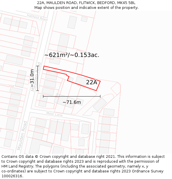 22A, MAULDEN ROAD, FLITWICK, BEDFORD, MK45 5BL: Plot and title map