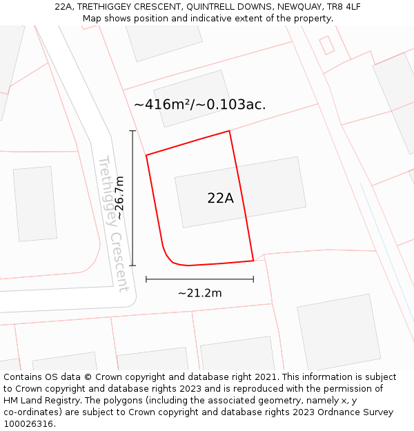 22A, TRETHIGGEY CRESCENT, QUINTRELL DOWNS, NEWQUAY, TR8 4LF: Plot and title map