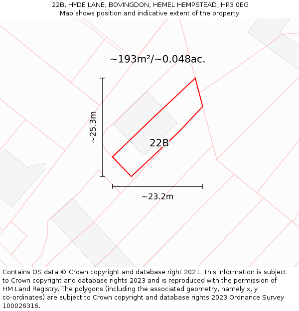 22B, HYDE LANE, BOVINGDON, HEMEL HEMPSTEAD, HP3 0EG: Plot and title map