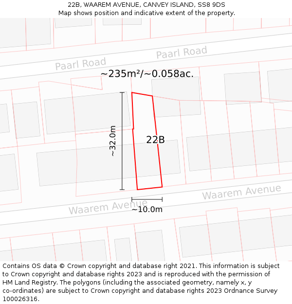 22B, WAAREM AVENUE, CANVEY ISLAND, SS8 9DS: Plot and title map