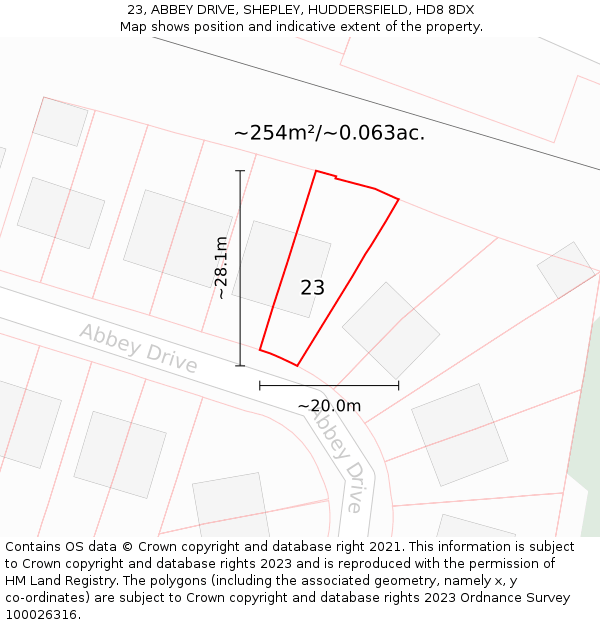 23, ABBEY DRIVE, SHEPLEY, HUDDERSFIELD, HD8 8DX: Plot and title map