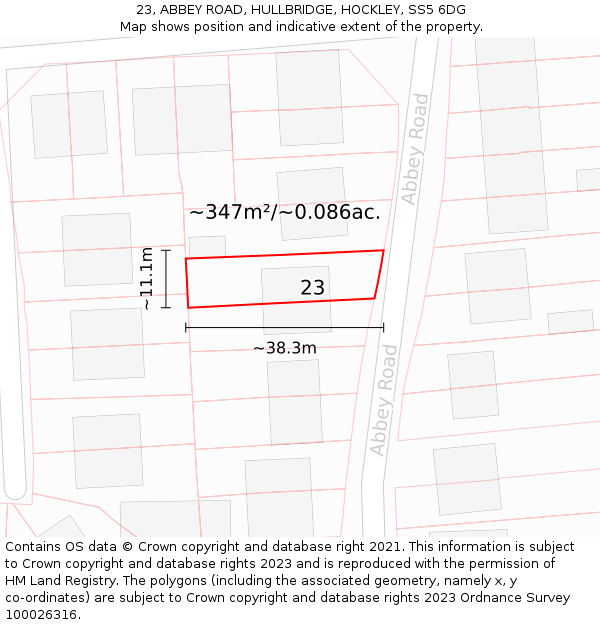 23, ABBEY ROAD, HULLBRIDGE, HOCKLEY, SS5 6DG: Plot and title map
