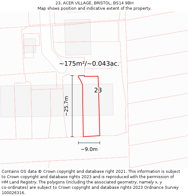 23, ACER VILLAGE, BRISTOL, BS14 9BH: Plot and title map