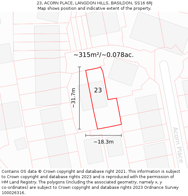 23, ACORN PLACE, LANGDON HILLS, BASILDON, SS16 6RJ: Plot and title map