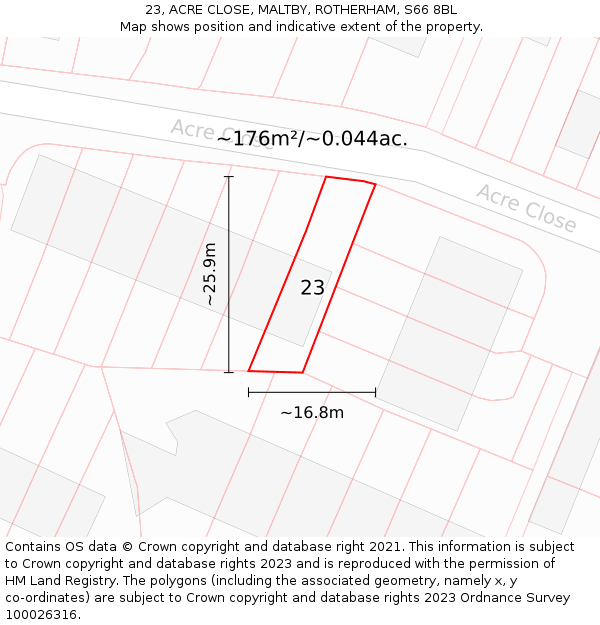23, ACRE CLOSE, MALTBY, ROTHERHAM, S66 8BL: Plot and title map