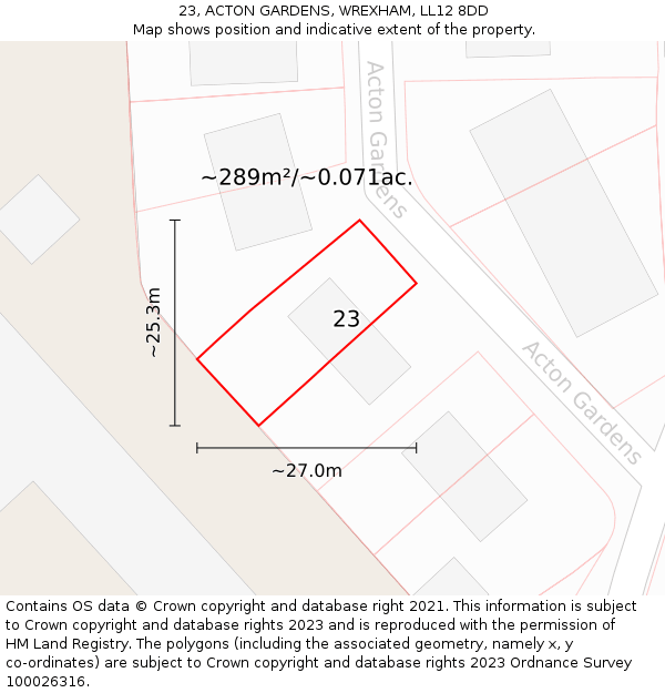 23, ACTON GARDENS, WREXHAM, LL12 8DD: Plot and title map