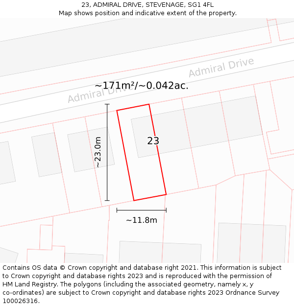 23, ADMIRAL DRIVE, STEVENAGE, SG1 4FL: Plot and title map
