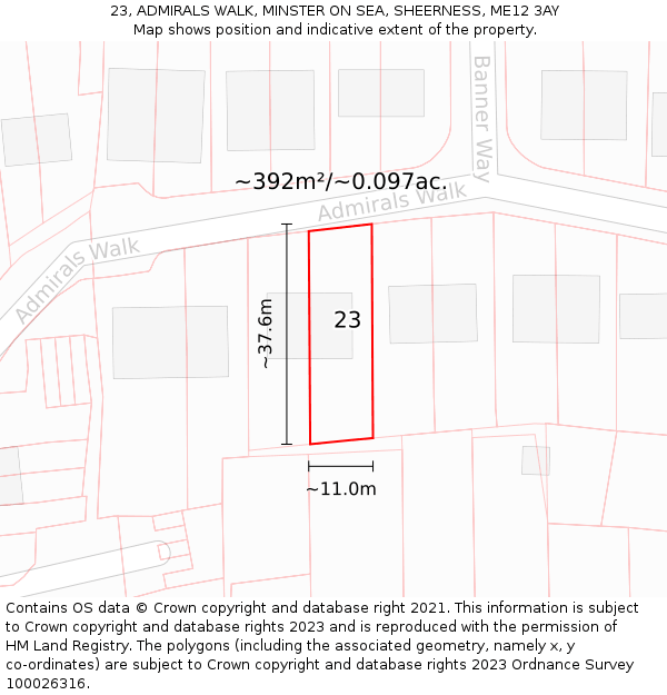 23, ADMIRALS WALK, MINSTER ON SEA, SHEERNESS, ME12 3AY: Plot and title map