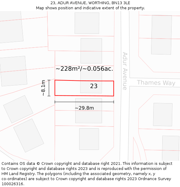 23, ADUR AVENUE, WORTHING, BN13 3LE: Plot and title map
