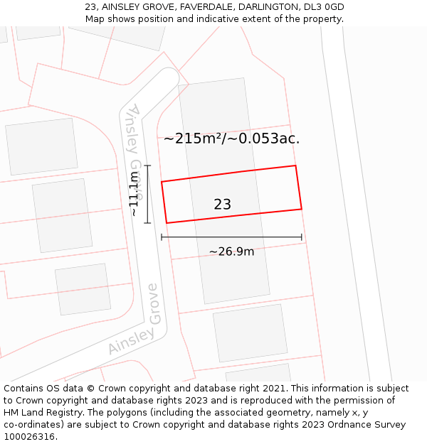 23, AINSLEY GROVE, FAVERDALE, DARLINGTON, DL3 0GD: Plot and title map