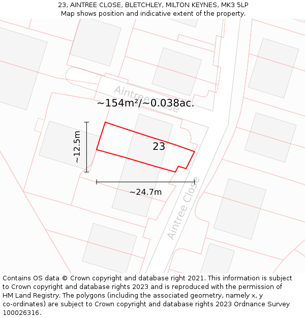 23, AINTREE CLOSE, BLETCHLEY, MILTON KEYNES, MK3 5LP: Plot and title map