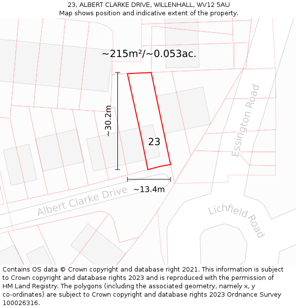 23, ALBERT CLARKE DRIVE, WILLENHALL, WV12 5AU: Plot and title map