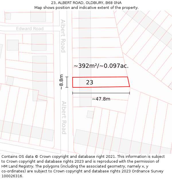 23, ALBERT ROAD, OLDBURY, B68 0NA: Plot and title map
