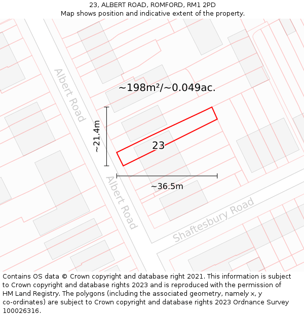 23, ALBERT ROAD, ROMFORD, RM1 2PD: Plot and title map