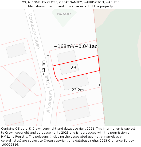 23, ALCONBURY CLOSE, GREAT SANKEY, WARRINGTON, WA5 1ZB: Plot and title map
