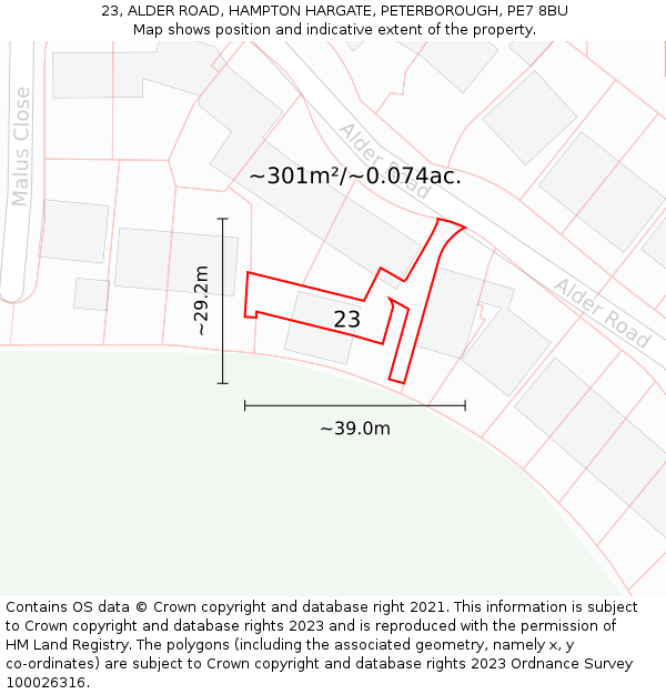 23, ALDER ROAD, HAMPTON HARGATE, PETERBOROUGH, PE7 8BU: Plot and title map