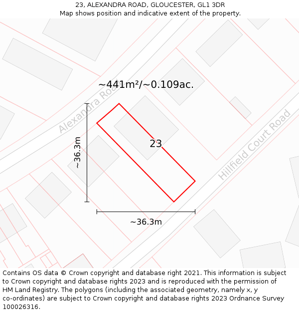 23, ALEXANDRA ROAD, GLOUCESTER, GL1 3DR: Plot and title map
