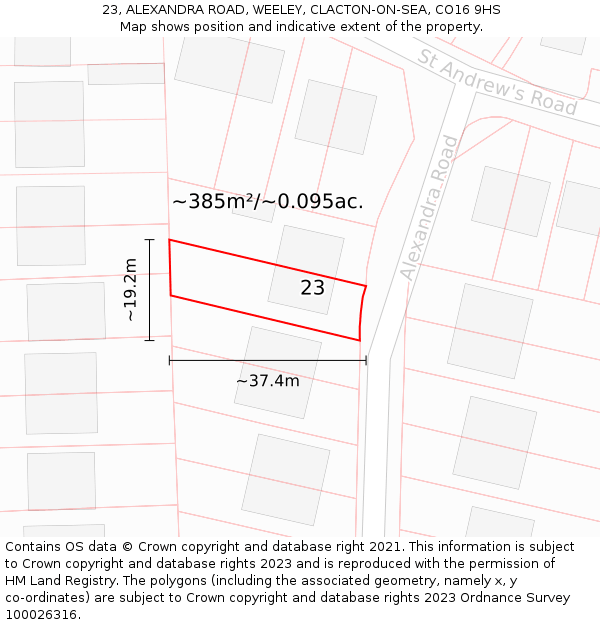 23, ALEXANDRA ROAD, WEELEY, CLACTON-ON-SEA, CO16 9HS: Plot and title map