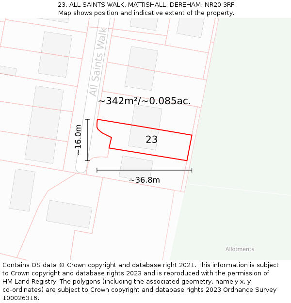 23, ALL SAINTS WALK, MATTISHALL, DEREHAM, NR20 3RF: Plot and title map