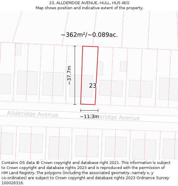 23, ALLDERIDGE AVENUE, HULL, HU5 4EG: Plot and title map