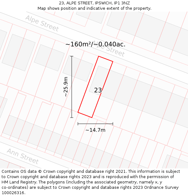 23, ALPE STREET, IPSWICH, IP1 3NZ: Plot and title map