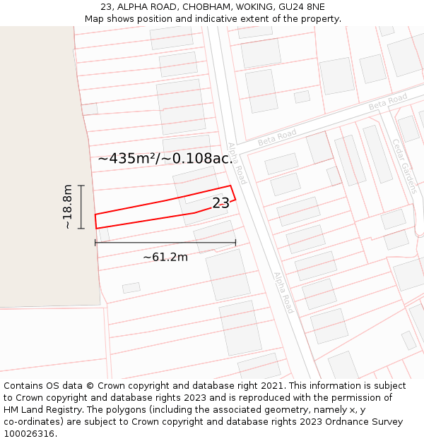23, ALPHA ROAD, CHOBHAM, WOKING, GU24 8NE: Plot and title map