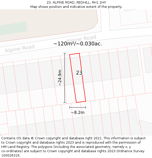 23, ALPINE ROAD, REDHILL, RH1 2HY: Plot and title map