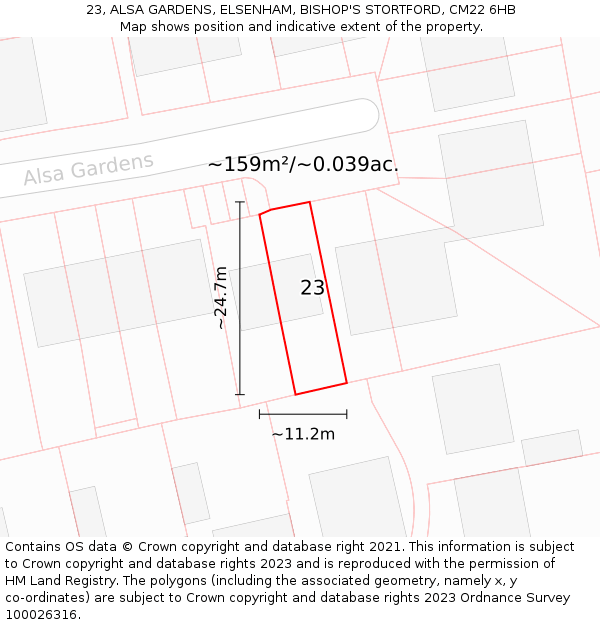 23, ALSA GARDENS, ELSENHAM, BISHOP'S STORTFORD, CM22 6HB: Plot and title map