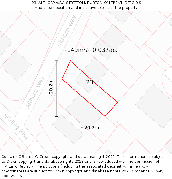 23, ALTHORP WAY, STRETTON, BURTON-ON-TRENT, DE13 0JS: Plot and title map