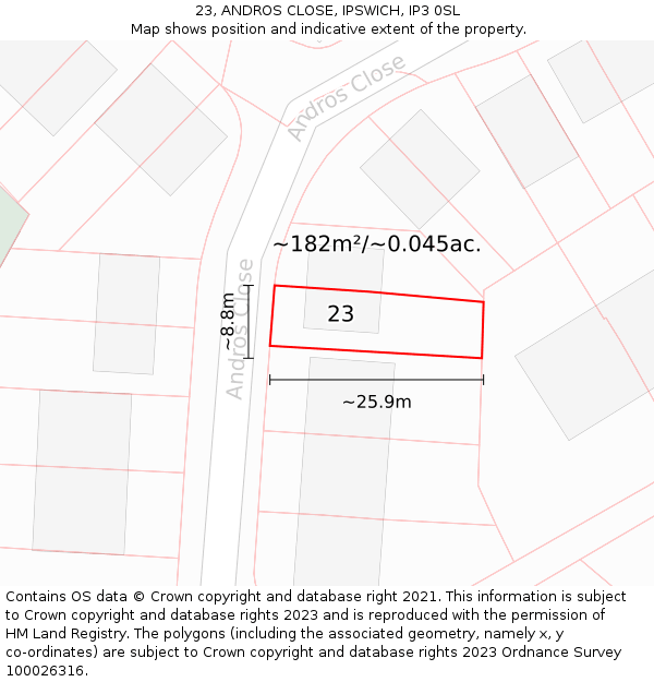 23, ANDROS CLOSE, IPSWICH, IP3 0SL: Plot and title map