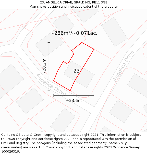 23, ANGELICA DRIVE, SPALDING, PE11 3GB: Plot and title map