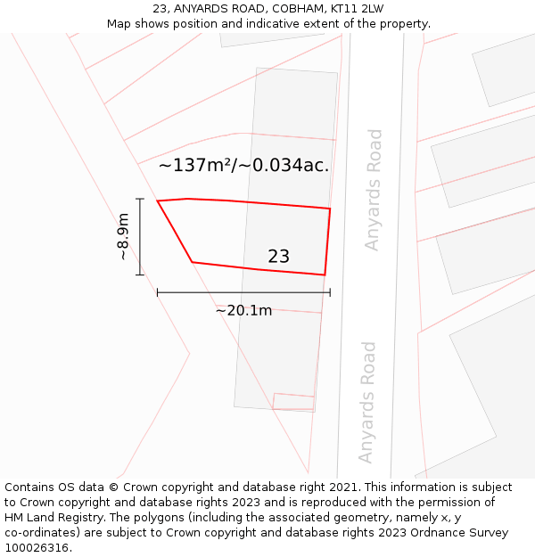 23, ANYARDS ROAD, COBHAM, KT11 2LW: Plot and title map