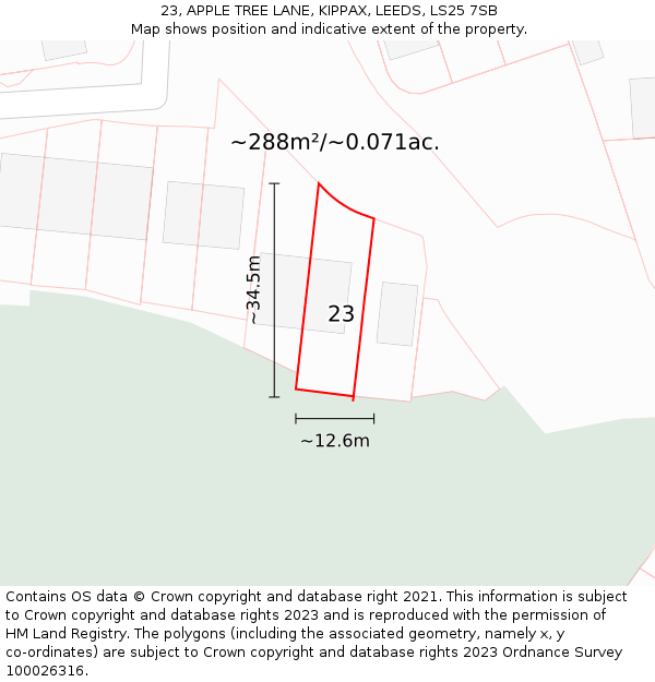 23, APPLE TREE LANE, KIPPAX, LEEDS, LS25 7SB: Plot and title map