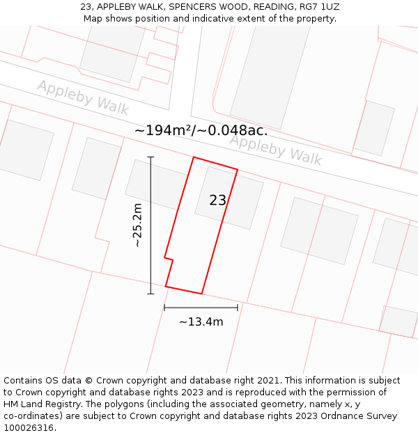 23, APPLEBY WALK, SPENCERS WOOD, READING, RG7 1UZ: Plot and title map