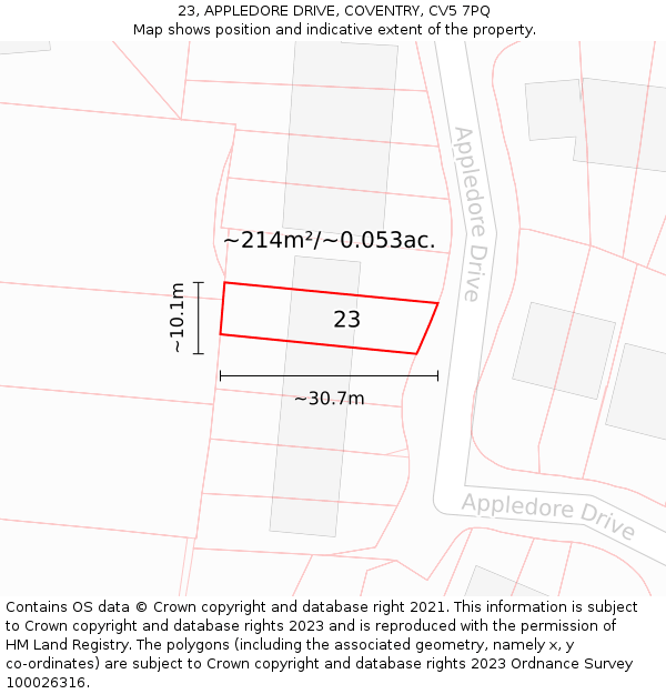 23, APPLEDORE DRIVE, COVENTRY, CV5 7PQ: Plot and title map
