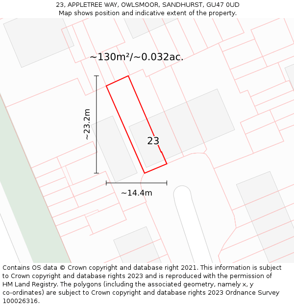 23, APPLETREE WAY, OWLSMOOR, SANDHURST, GU47 0UD: Plot and title map