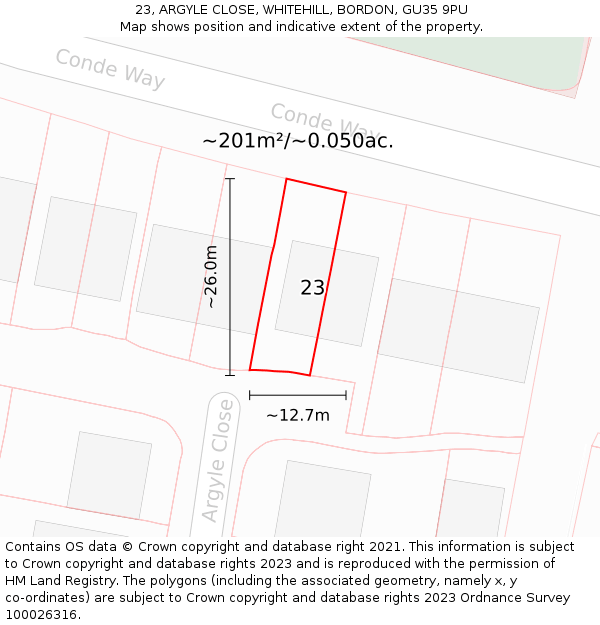 23, ARGYLE CLOSE, WHITEHILL, BORDON, GU35 9PU: Plot and title map