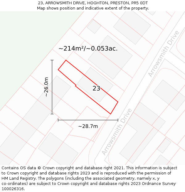 23, ARROWSMITH DRIVE, HOGHTON, PRESTON, PR5 0DT: Plot and title map