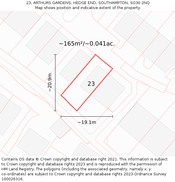 23, ARTHURS GARDENS, HEDGE END, SOUTHAMPTON, SO30 2NQ: Plot and title map