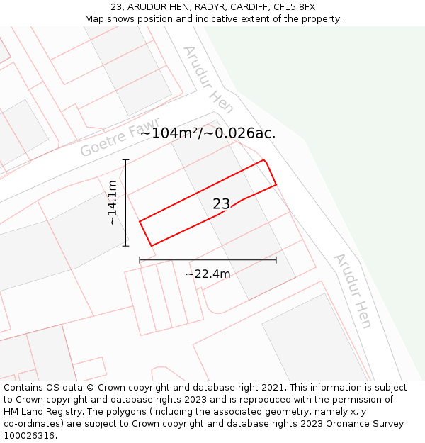 23, ARUDUR HEN, RADYR, CARDIFF, CF15 8FX: Plot and title map