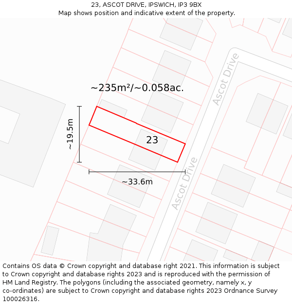 23, ASCOT DRIVE, IPSWICH, IP3 9BX: Plot and title map