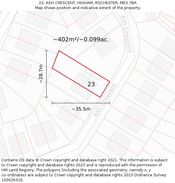 23, ASH CRESCENT, HIGHAM, ROCHESTER, ME3 7BA: Plot and title map
