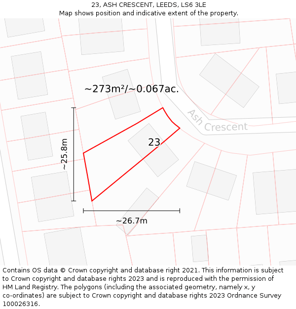 23, ASH CRESCENT, LEEDS, LS6 3LE: Plot and title map