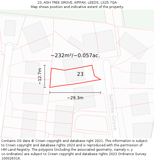 23, ASH TREE GROVE, KIPPAX, LEEDS, LS25 7QA: Plot and title map