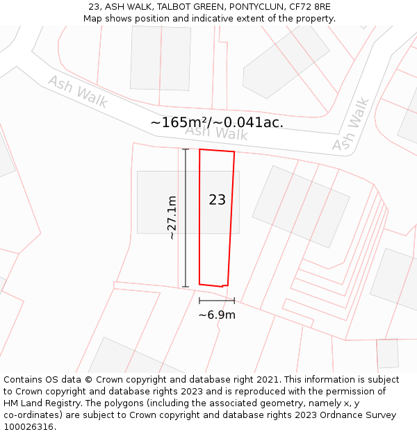 23, ASH WALK, TALBOT GREEN, PONTYCLUN, CF72 8RE: Plot and title map