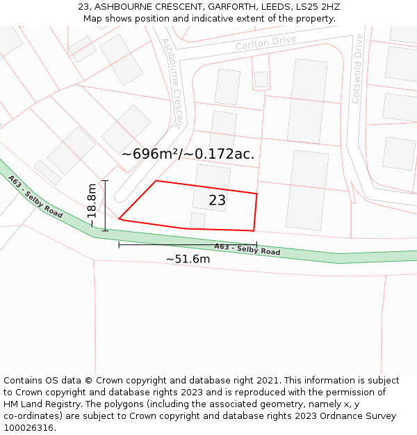23, ASHBOURNE CRESCENT, GARFORTH, LEEDS, LS25 2HZ: Plot and title map