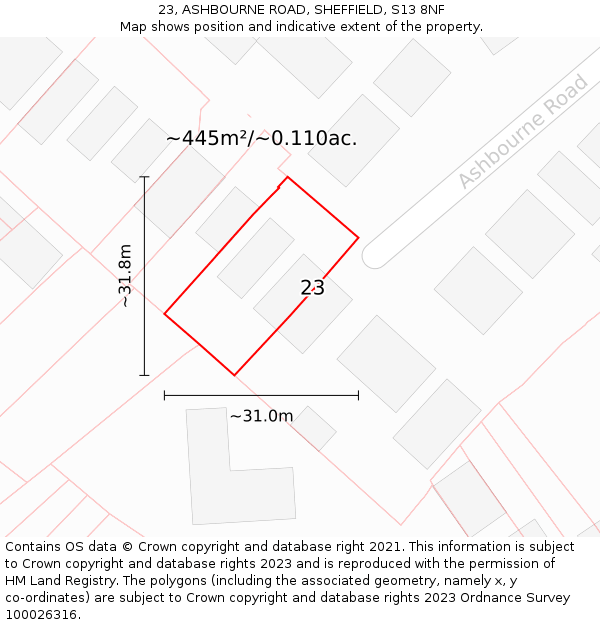 23, ASHBOURNE ROAD, SHEFFIELD, S13 8NF: Plot and title map