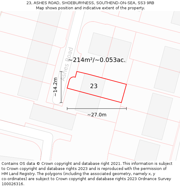 23, ASHES ROAD, SHOEBURYNESS, SOUTHEND-ON-SEA, SS3 9RB: Plot and title map