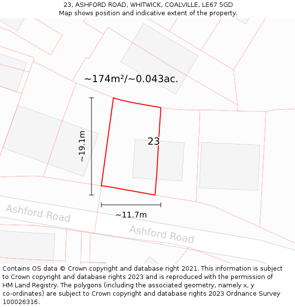 23, ASHFORD ROAD, WHITWICK, COALVILLE, LE67 5GD: Plot and title map